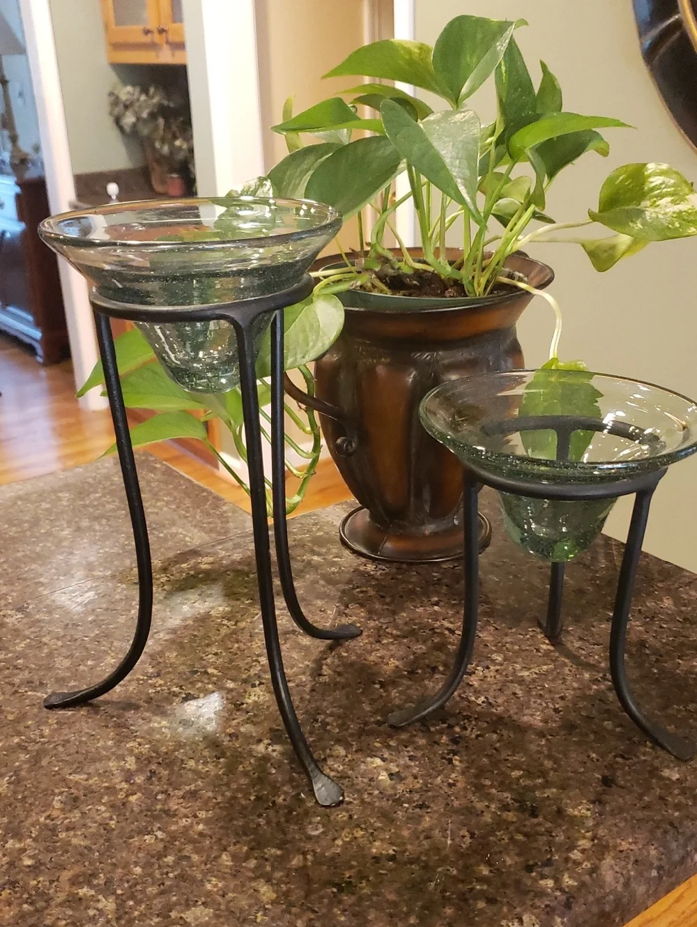 Green-tinted Glass Dishes & Black Metal Stands- Decor/ Candle Holders - Set Of 2